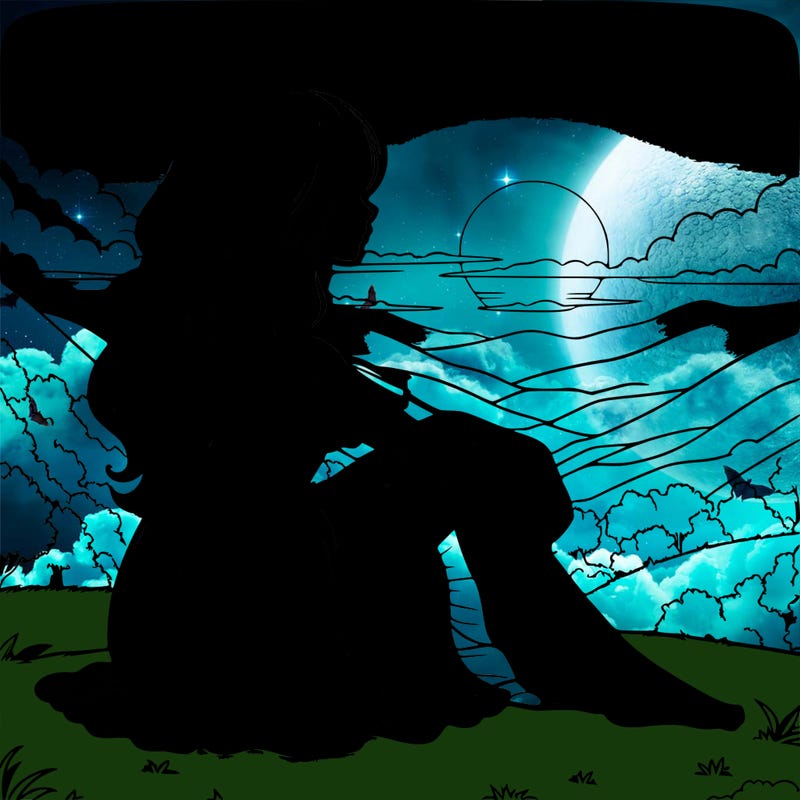 realistic girl sitting on a realistic hill with a realistic sunset