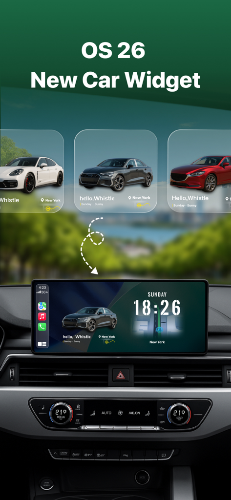 Un tableau de bord de voiture personnalisé affichant des widgets personnalisés et un modèle de voiture de luxe à l'écran
