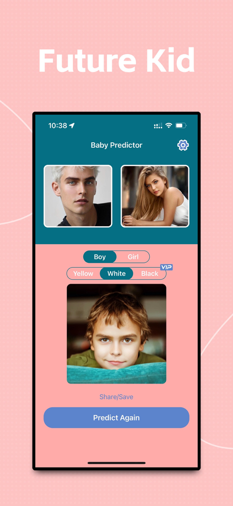 Baby Predictor - Merge faces - Mobile app interface showing a predicted future baby photo generated from two parent portraits
