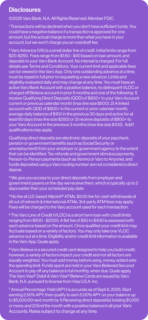 Legal disclosures for Varo Bank detailing fees cash advances and credit line terms