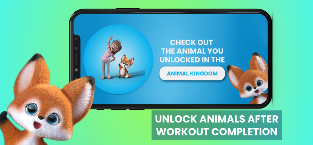 Fitness for Kids: Kids Workout - Kids fitness app screen showing animal rewards for completing workouts.