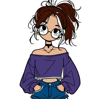 girl with a messy ponytail glasses a baggy crop top and jean shorts