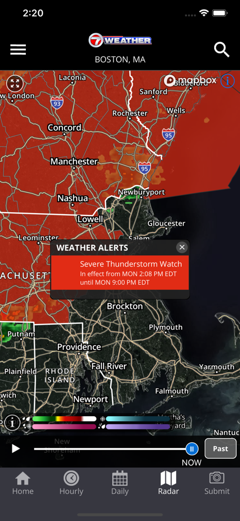 WHDH 7 Weather app radar map showing a severe thunderstorm watch in Boston.