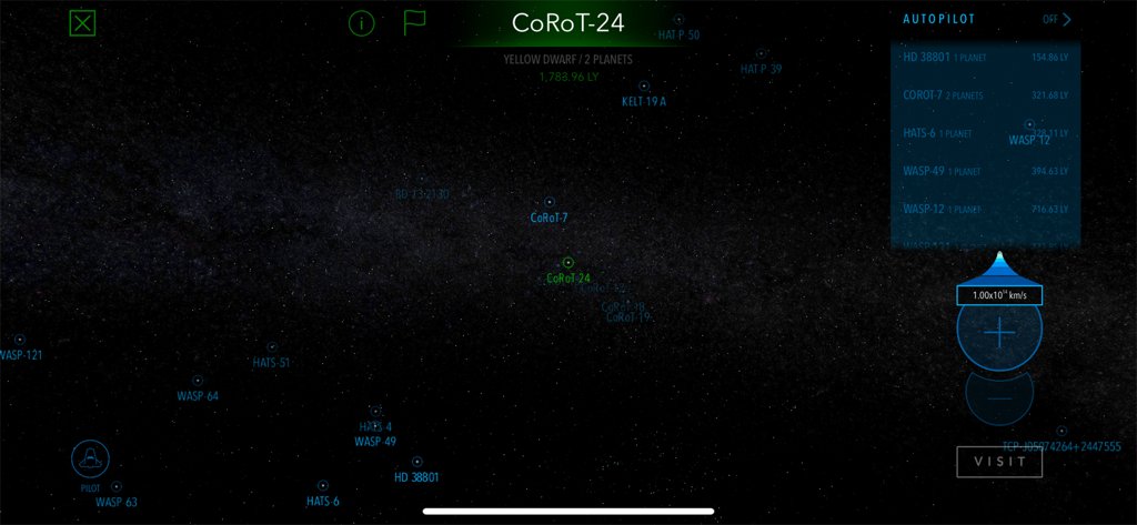 Interface of the Cosmic Atlas app in Pilot mode showing star labels and interstellar navigation controls against the Milky Way background