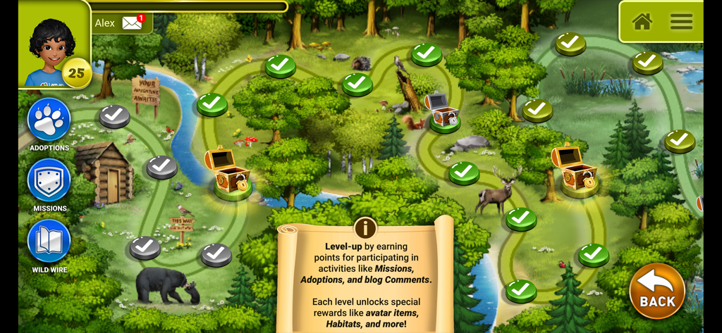 Earth Rangers - A game map interface in the Earth Rangers app showing a path through a forest with level progress and animal habitats