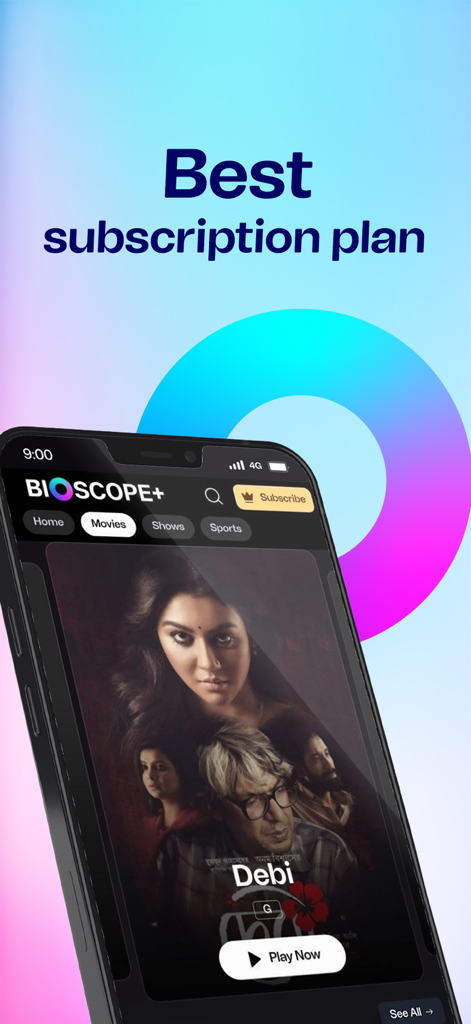 Bioscope+ - Bioscope+ mobile app interface featuring movie selection and subscription options