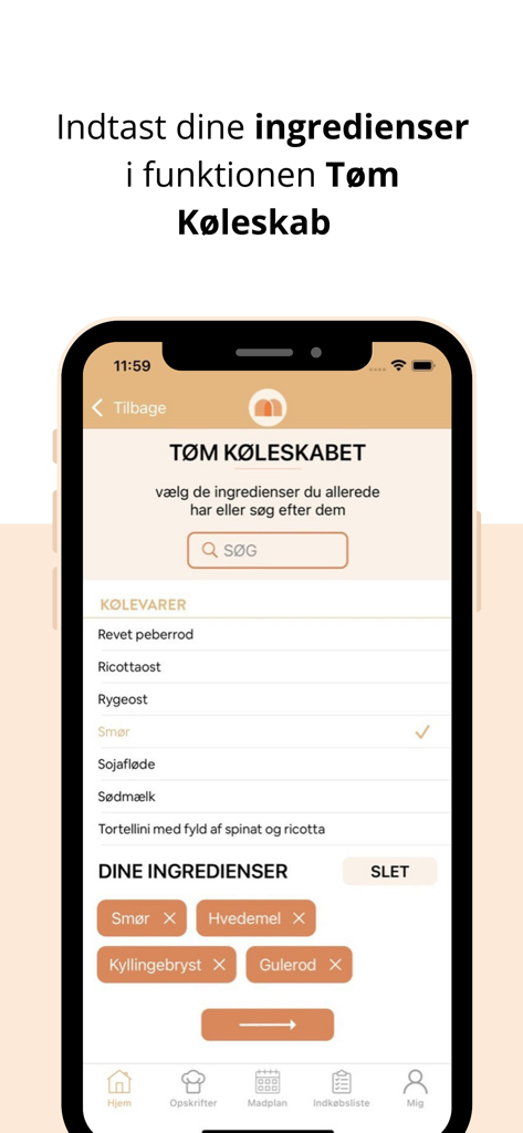 Mummum - Mummum app interface showing the Empty the Fridge feature for selecting leftover ingredients