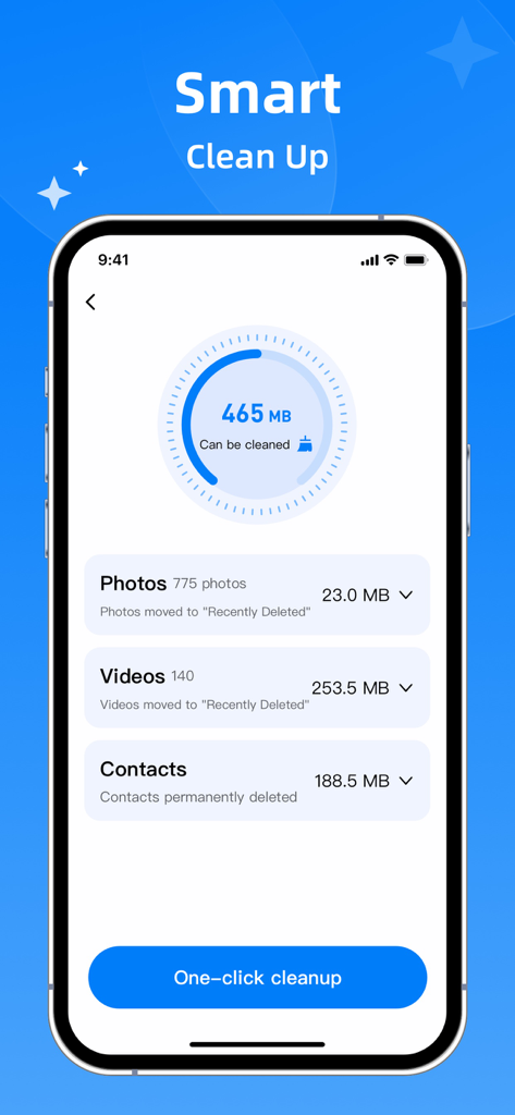 Interface de l'application Deep Cleaner montrant un tableau de bord de nettoyage intelligent avec optimisation du stockage en un clic pour les photos, vidéos et contacts