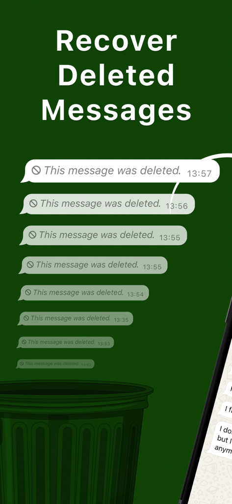 App screen showing the feature to recover and view deleted messages with a list of deleted chat bubbles on a green background
