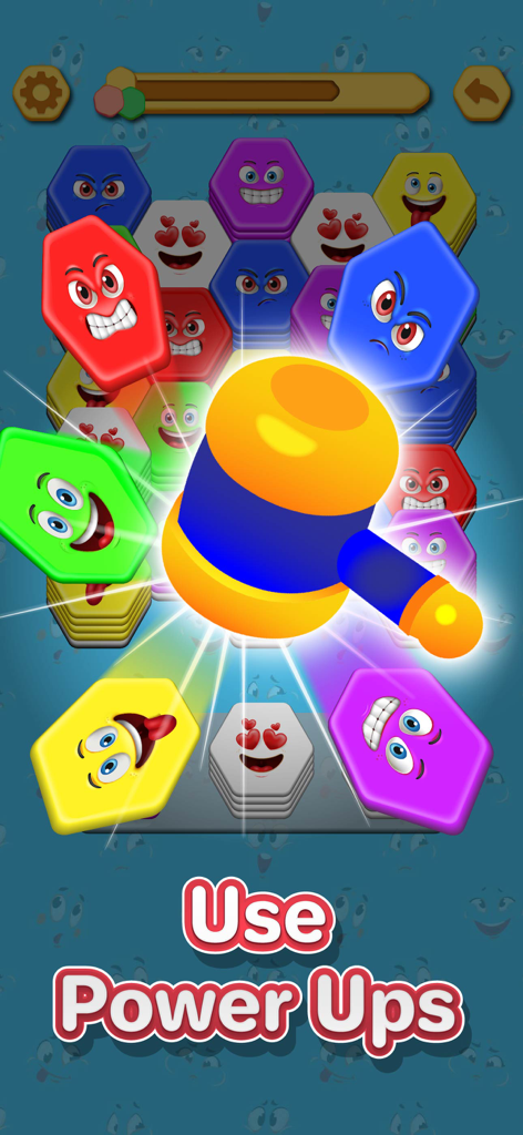 A golden hammer power up tool in the Hexa Sort Merge Emoji Stack puzzle game with colorful hexagon tiles.