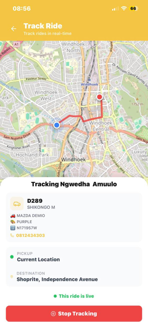 Tsotsi Taxi mobile app interface displaying real-time ride tracking on a map with driver info and vehicle verification