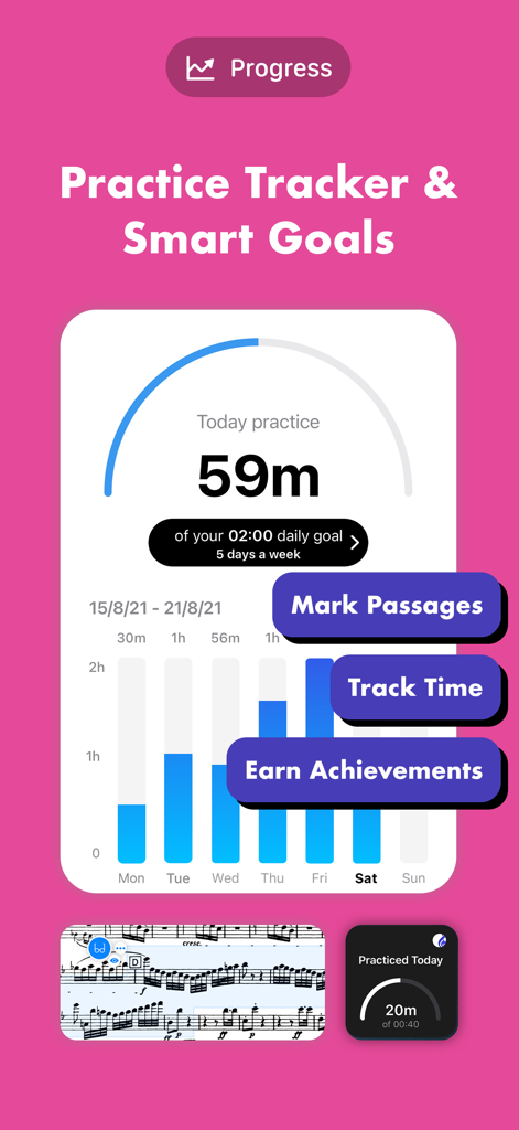 Interfaz que muestra análisis de seguimiento de práctica musical y objetivos diarios en digitalScore.