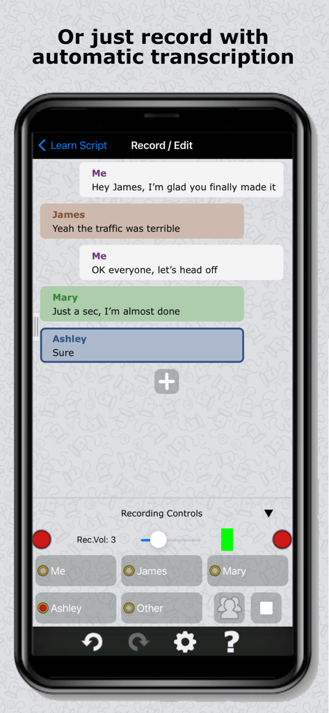 Automatic script transcription and recording interface in the Script Rehearser app.