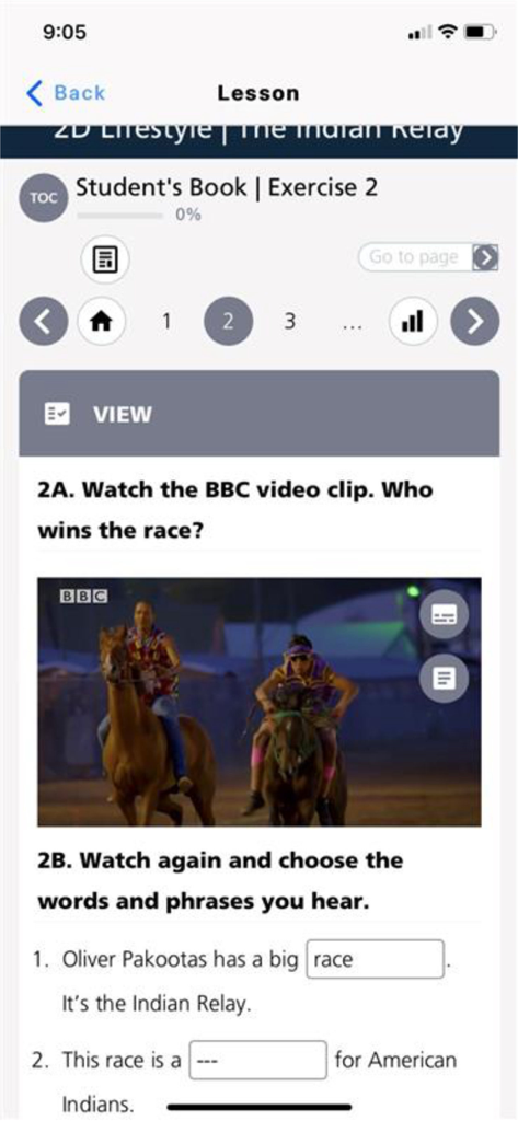Interactive lesson screen in the Pearson English Connect app showing a video and vocabulary exercise