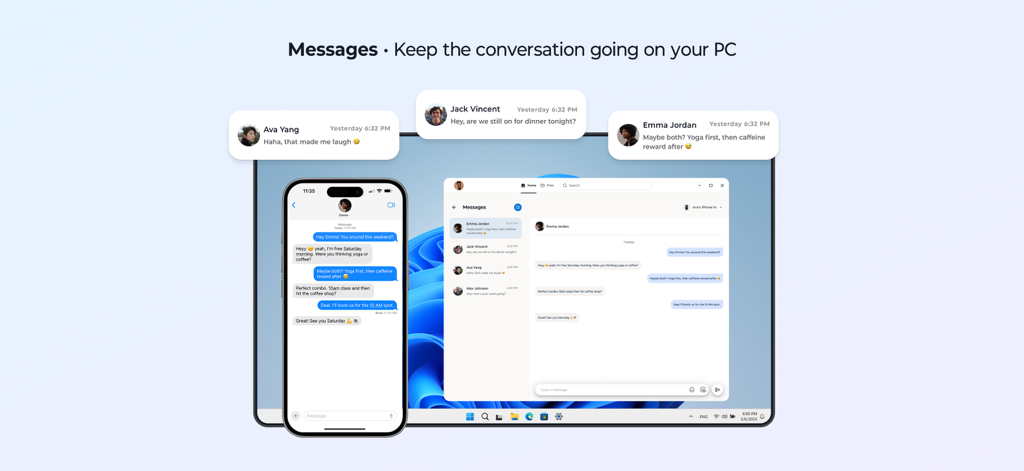 Interface showing iPhone text messages synced and accessible on a Lenovo Windows PC dashboard