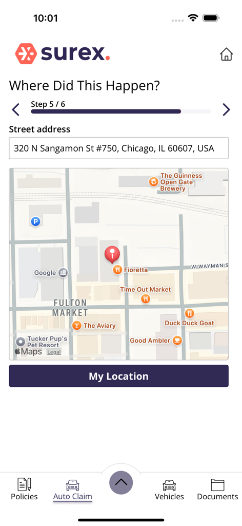 MySurex - Tela do aplicativo MySurex mostrando a etapa de seleção de local para um sinistro de seguro de automóvel com um mapa de Chicago.