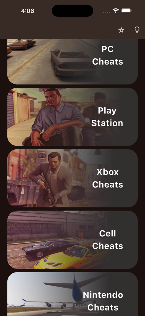 Menu principale dell'app di trucchi di GTA 5 con pulsanti di categoria per trucchi per PC, PlayStation, Xbox, cellulari e Nintendo