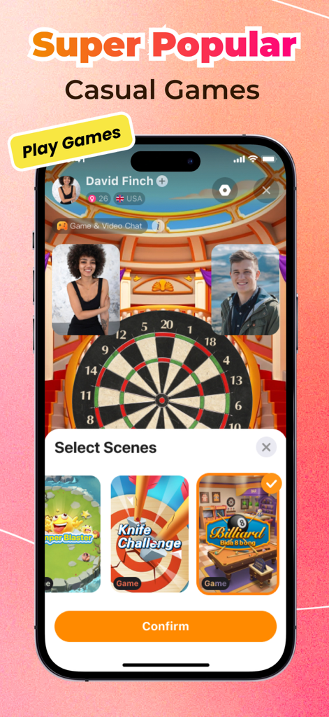 A mobile phone displaying the Doul app with two people video chatting over a game of darts and a menu to select different casual games.