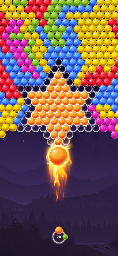 Bubble Pop Shooter Puzzle Game - A vibrant fireball bubble being shot towards a star shaped cluster of orange bubbles in a match-3 puzzle game.