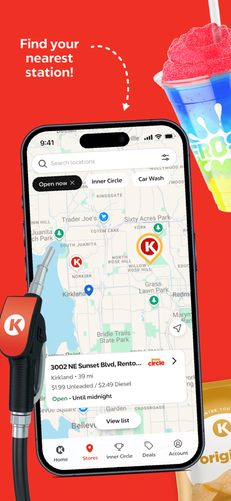 Circle K - Circle K mobile app map showing nearby station locations and current fuel prices