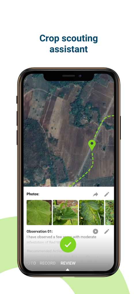 Agrio - Plant diagnosis app - Agrio app interface showing a satellite map with a scouting path and field photos of plant leaves