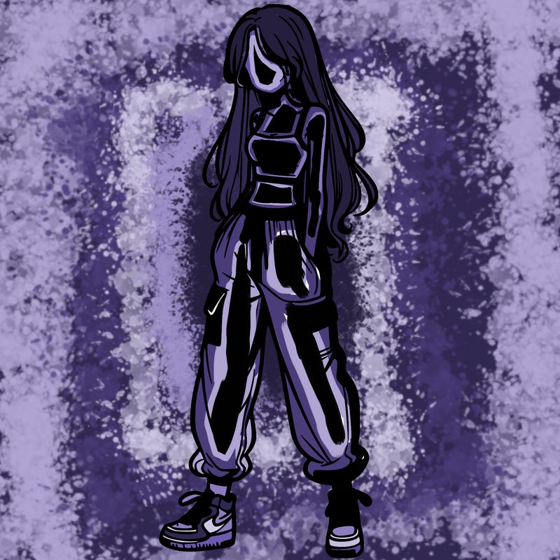 girl in baggy pants crop top and long hair