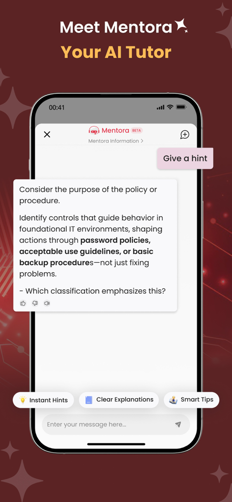 Mentora AI tutor interface in the CompTIA ITF practice test app showing hints and explanations