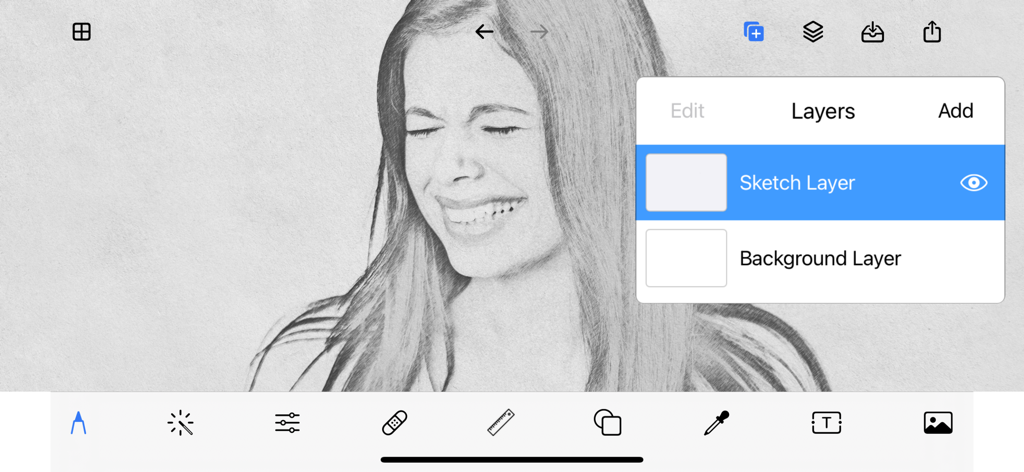 Drawing Apps - 女性の鉛筆スケッチの上にレイヤーメニューを表示している描画アプリのユーザーインターフェース