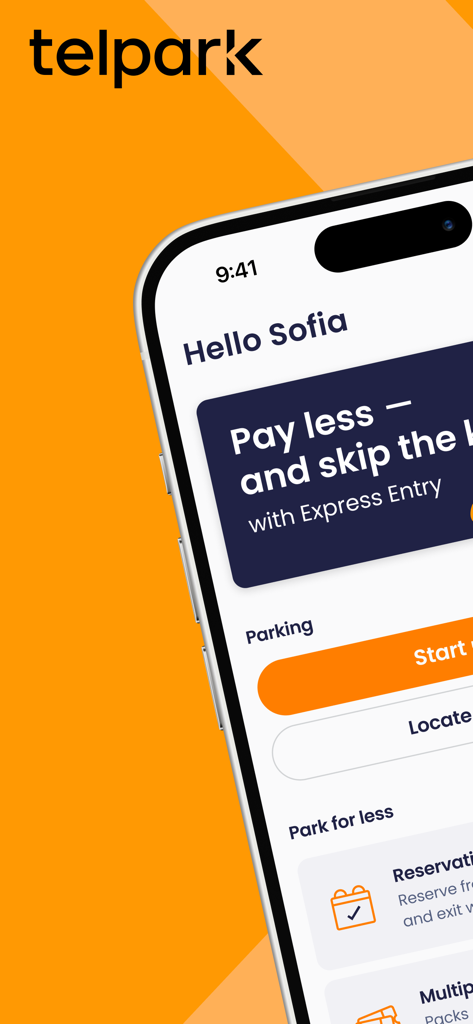 Telpark - Telpark mobile app interface on an iPhone displaying features for parking payments and express entry reservations.