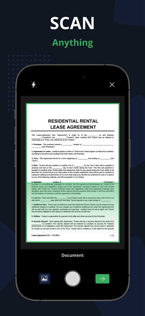 PDF Scanner App - Scan PDF Doc - A smartphone using a PDF scanner app to capture a residential rental lease agreement with automatic edge detection