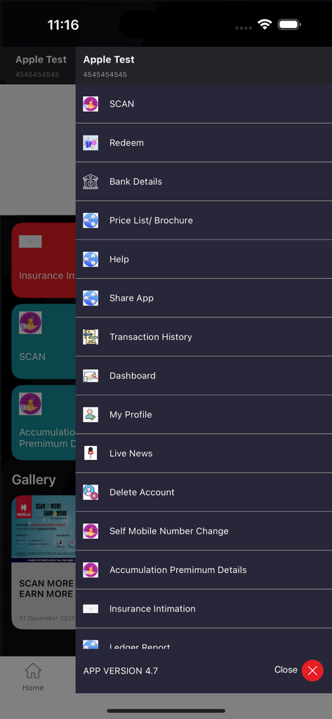 The navigation menu of the Havells EPLUS app showing features like redeem, price list, and bank details for electricians.