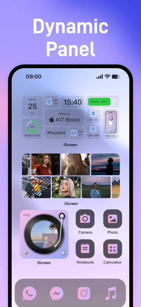 Ein ästhetischer iPhone-Startbildschirm, der das iScreen-Dynamikpanel mit Systeminformationen, einem Fotogitter und einem Vinylplatten-Musikplayer-Widget anzeigt