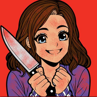 a realistic girl holding a knife and grinning