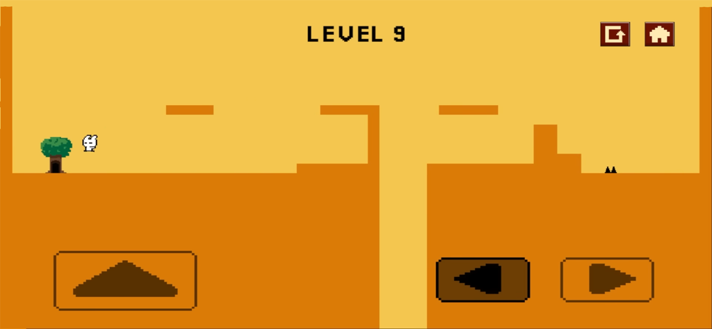 Die Again: Troll Puzzle Game - Screenshot of Level 9 in Die Again Troll Puzzle Game showing a white pixel art character in a prehistoric landscape with on-screen movement controls.