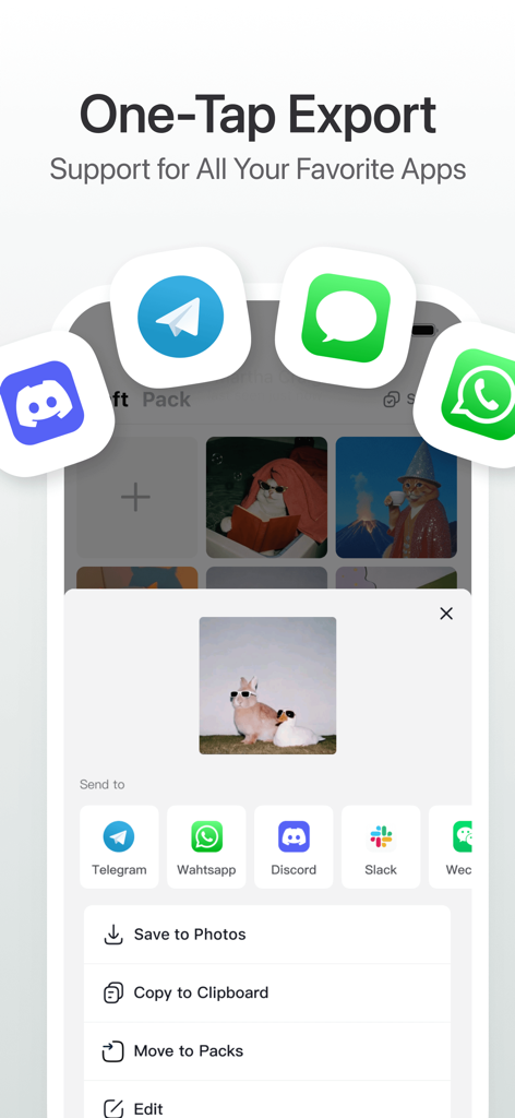 StickerX - Sticker Maker - Screenshot of StickerX app showing one-tap export options for messaging apps like WhatsApp, Telegram, and Discord
