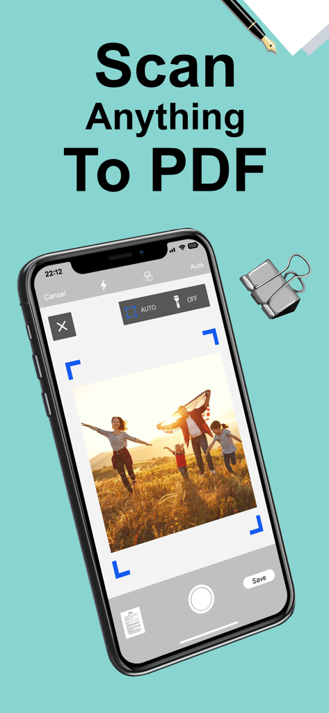 Smartphone interface showing the True Scanner app capturing a photo to convert it into a PDF