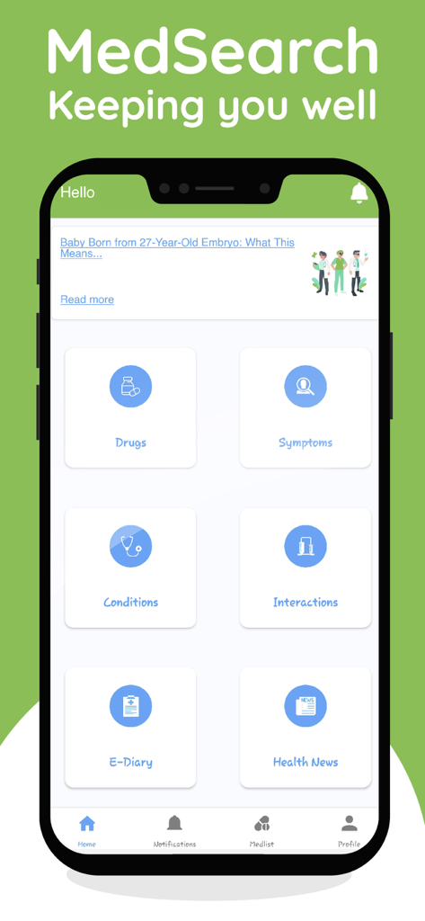 MedSearch app home screen showing health features like drugs symptoms and interactions