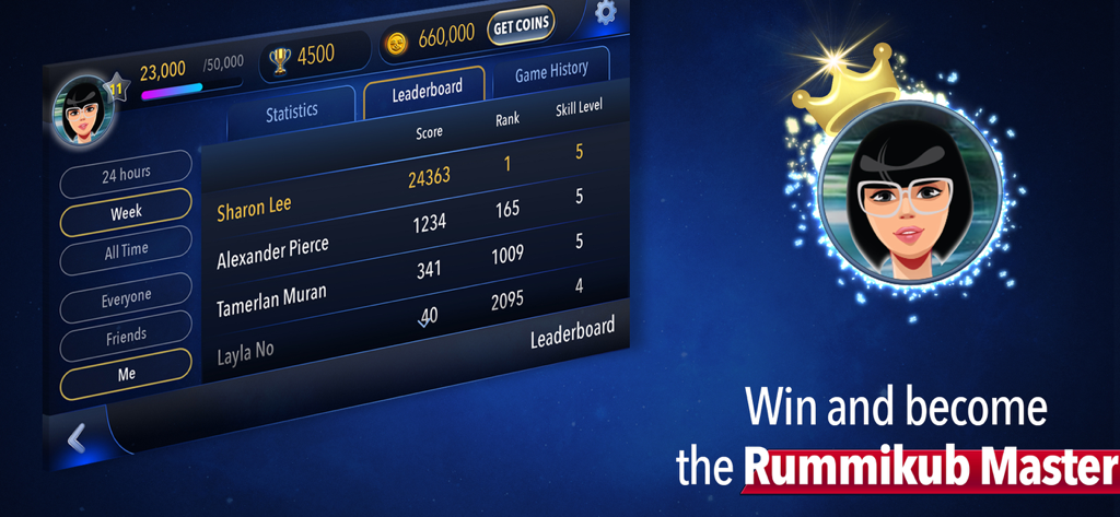 Rummikub® - The Rummikub app leaderboard screen displaying global player rankings and scores