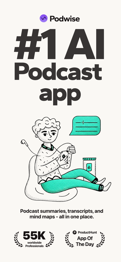 Podwise app promotional screen featuring AI podcast summaries transcripts and mind maps
