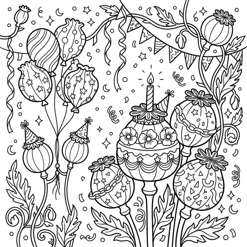 Dive into a whimsical celebration with this unique birthday coloring page. Discover poppy seed pods reimagined as festive party elements, from balloons to a charming birthday cake.