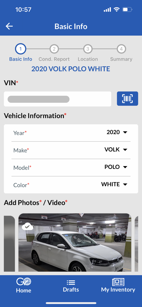 Basic vehicle information input screen in the Copart GO mobile app for listing a car for sale