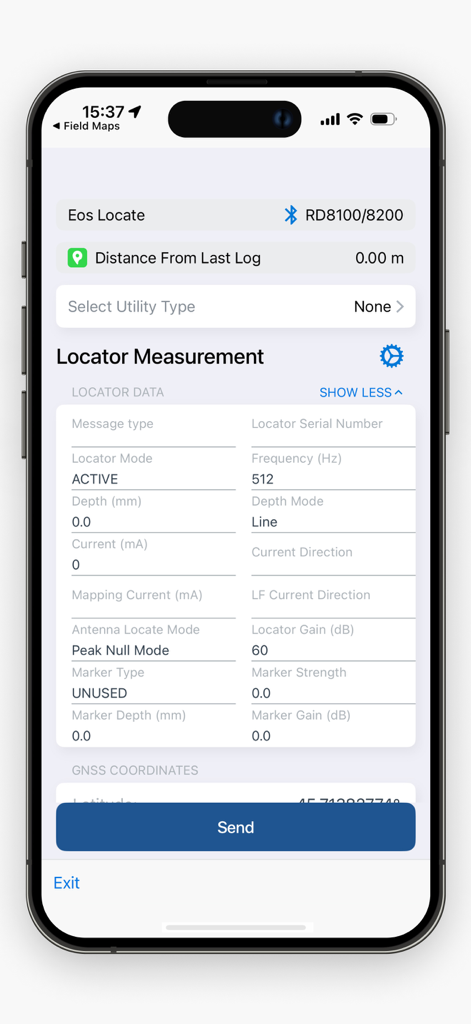 Eos Tools Pro - Eos Tools Proのインターフェイス。地下ユーティリティマッピングのためのロケーター測定データが表示されています。