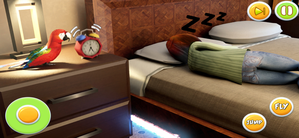 Un ara rosso in piedi accanto a una sveglia che suona in una scena di simulatore di camera da letto 3D.