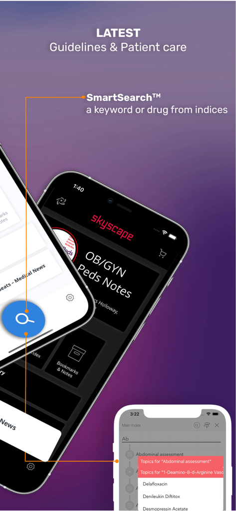 OB/GYN Peds Notes - La aplicación OB GYN Peds Notes mostrando la función SmartSearch para guías clínicas e índices de medicamentos.