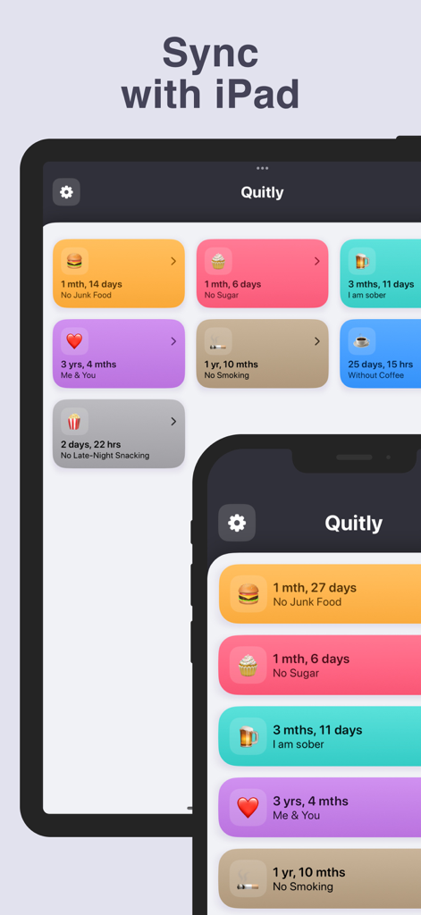 Days Since Counter: Quitly - Interfaz de la app Quitly mostrando contadores de hábitos y rachas de sobriedad sincronizados entre iPhone y iPad