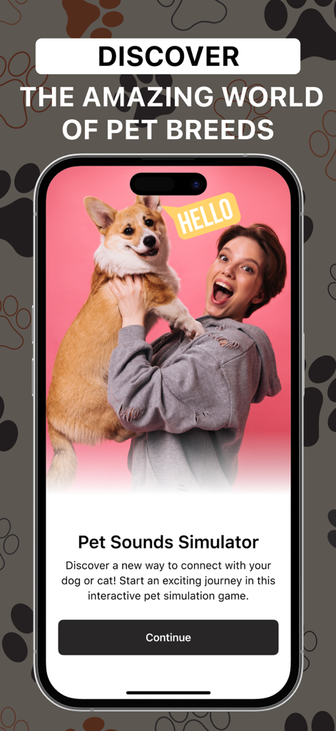 Cat & Dog: Pet Sound Talking - Una pantalla de aplicación móvil que muestra a una mujer sosteniendo un corgi con el texto Descubre el increíble mundo de las razas de mascotas.