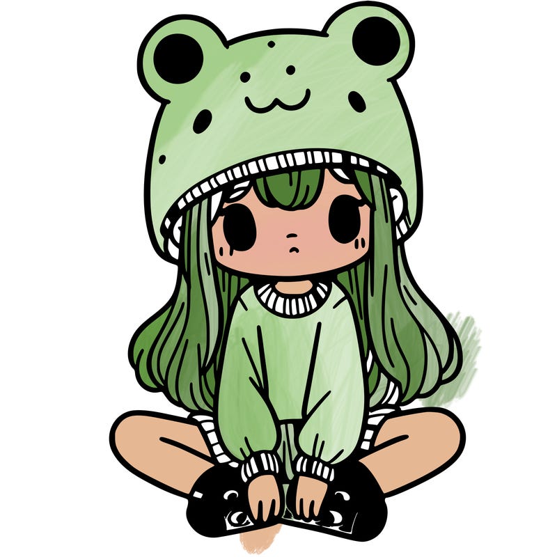 a girl wearing a frog hat and some frog socks