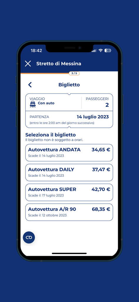Interfaccia dell'app mobile Caronte & Tourist che mostra le opzioni di acquisto dei biglietti del traghetto per Messina e Sicilia.