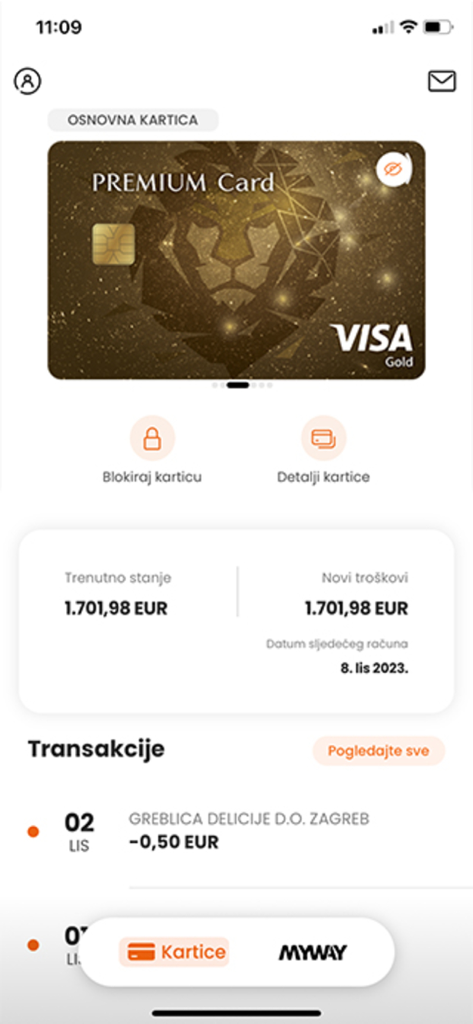 PBZ Card MyWay - Mobile dashboard of PBZ Card MyWay app showing a Premium Visa Gold card with current balance and transaction history