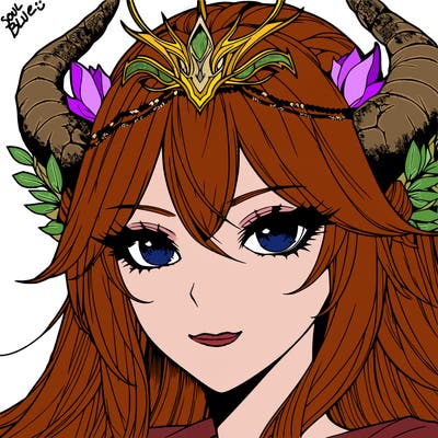 a realistic fantasy manga queen with horns